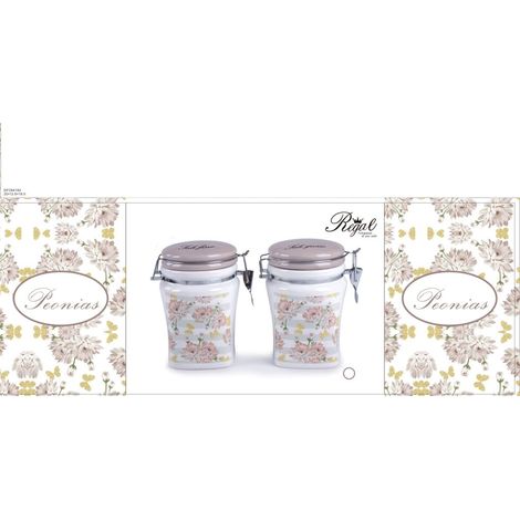 Set 2 Bis Barattoli da Cucina in Ceramica Sale Fino e Sale Grosso Decoro Peonias