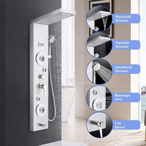 Suguword – Colonne de douche hydromassante 110 cm – Acier inoxydable 304 – Nickel brossé – 5 fonctions jets de massage, douchette, bec baignoire, spray bidet (1/5)