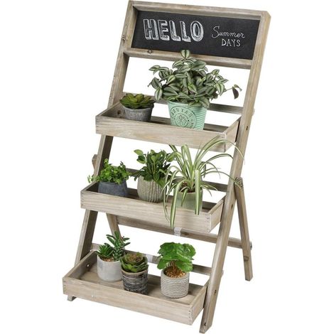 Étagère à plantes 3 niveaux en bois naturel – Charge max 5 kg par étagère – Dimensions L. 45 x l. 43 x H. 78 cm – Avec ardoise et craies – Fornord (1/3)