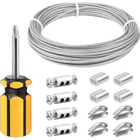 Kit di cavi di sospensione in acciaio inox 304 rivestito in vinile da 3 mm x 10 m con capicorda, manicotti a crimpare e morsetti per cavi per piante da giardino, luci per quadri e stendibiancheria.