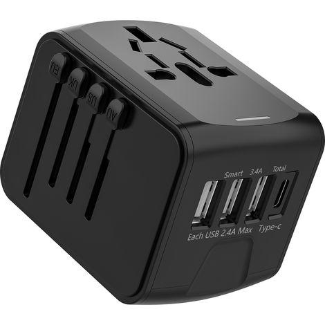 Adaptateur de voyage, adaptateur de prise universel avec ports USB de type C+3 et prise secteur, prise d'adaptateur pour plusieurs pays (1/5)