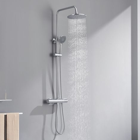 AuraLum Colonne de Douche Thermostatique 2 Fonctions Ensemble de Douche avec 3 Jets D’eau Système de Douche pour Salle de Bain , Design Moderne, Hauteur Réglable 80-110 cm cm, Chromé (1/10)