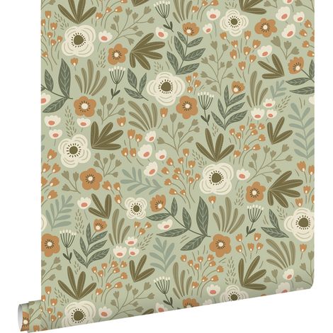 papier peint fleurs vert grisé - ESTAhome (1/5)