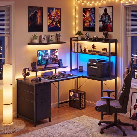 Bureau d'Angle Gamer avec LED, Prises USB et 3 Tiroirs, 140 x 100 x 150 cm, Noir (1/5)