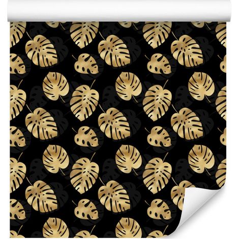 Papel pintado con estampado tropical en negro y dorado, en tonos negro, ocre y dorado, 50x1000 cm. (1/5)