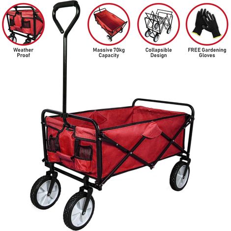 Faltbarer Gartenwagen Transportwagen Bollerwagen Handwagen Rollenwagen Gerätewagen Strandwagen bis zu 70kg belastbar Rot (1/5)