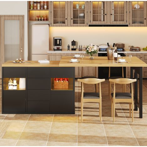 Isla de cocina giratoria 360° con LED RGB App, 4 cajones, puertas de vidrio, negro HAVRYA