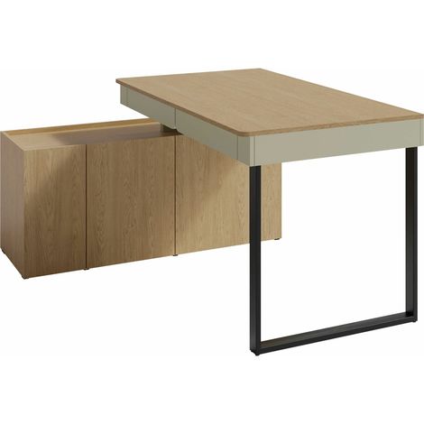 Mesa de ordenador esquinera Fiosono 110, Eucalipto + Roble, Rectangular, Con puertas, Con cajones, Número de puertas: 0, Número de cajones: 0, 75x140x131cm