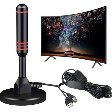 (noir)Antenne TV Intérieur Puissante TNT,360°Antenne TV Intérieure 50KM Longue Portée,High Gain VHFUVFFM DVBT2 Décodeur TNT HD Terrestre (1/5)