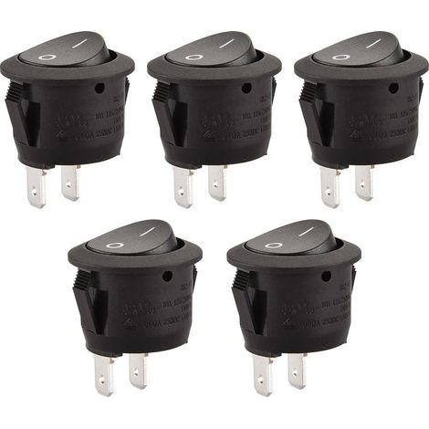 Lot de 5 interrupteurs à bascule ronds - 2 bornes SPST, 6 A, 250 VCA, UL, VDE - Noir (1/5)
