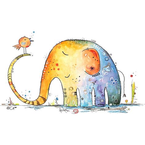 Tableau enfant éléphant multicolore | Tableau animaux chambre de bébé orange & bleu | Tableau sur toile chambre fille et garçon - 0,7 x 0,5 m (1/2)