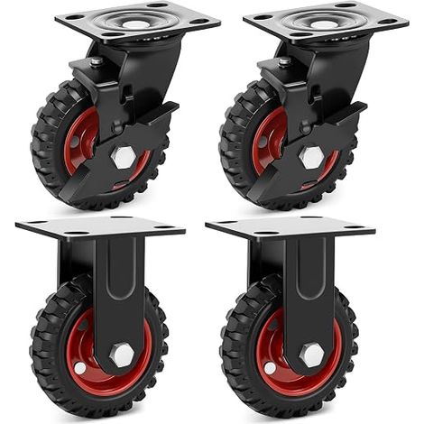 4 Heavy Load Castors 125 mm for Outdoor - 2 Swivel with Brake and 2 Fixed - 500kg Solid Rubber Wheels for Garden Furniture and Heavy Equipment (1/5)