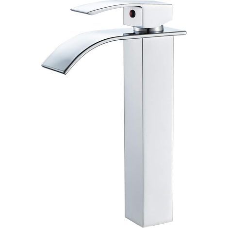 Robinet de lavabo de salle de bain moderne chromé à haut jet cascade, robinet de salle de bain à poignée unique, robinet de meuble-lavabo à 1 trou, robinet modifié pratique pour camping-cars, caravane (1/5)