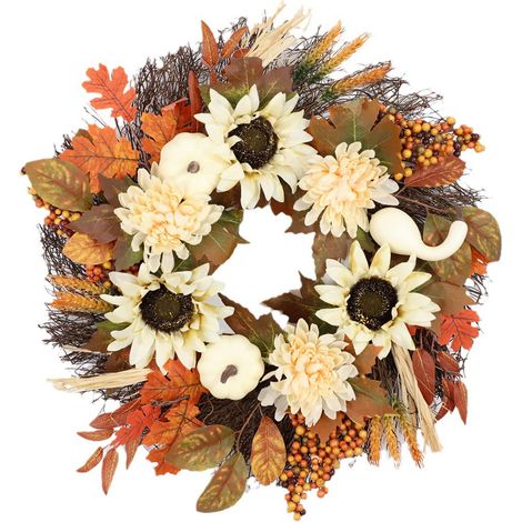 Herbstlicher weißer Kürbis-Blumenkranz im Landhausstil, Dekoration für den Kaminsims, Herbstfest, Kürbisdeko, saisonales Kunsthandwerk, 50 cm (1/2)
