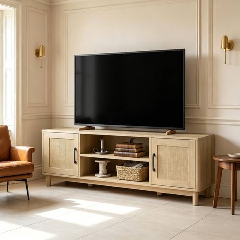 TV-Schrank mit offenen Fächern und Doppeltüren,Stilvoller Fernsehtisch mit viel Stauraum,Unterschrank für Fernseher(nur mit TV-Schrank) (1/5)