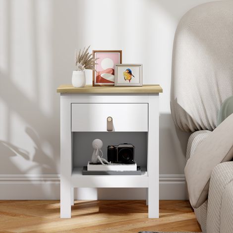 Mesilla de Noche con 1 Cajón Compartimento Abierto Tirador de PU Mesa Auxiliar para Salón Dormitorio 45x40x55 cm Blanco (1/5)