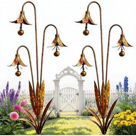 Piquet de jardin Triple Jacinthes des bois : 61 cm de haut, design floral rustique fait main, alliage résistant aux intempéries, carillon décoratif (lot de 2) (1/5)