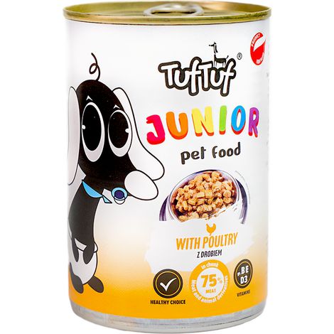 Alimento húmedo para perros TufTuf Junior sabor ave, lata de 415 g para cachorros. (1/4)