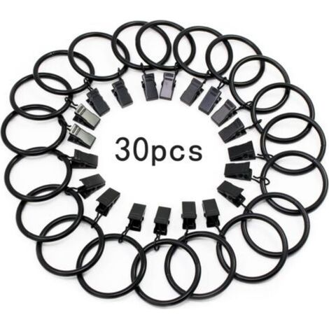 30 Pièces Anneaux de Rideaux, avec Métal Pince, Robuste, Antirouille, pour Tringle à Rideaux, 32mm Diamètre Intérieur (Noir) (1/5)