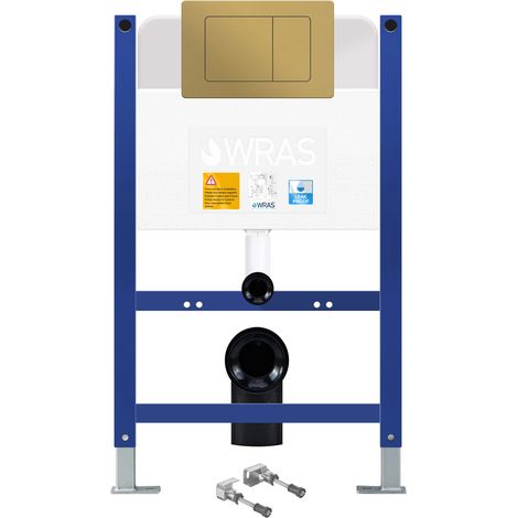 Low Height 0.75m Wall Hung Toilet Frame Dual Flush Concealed Cistern - Brushed Gold Plate