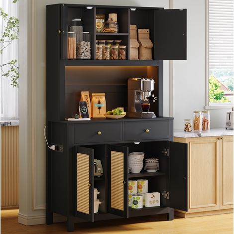 Küchen-Hochschrank mit RGB-LED, Steckdosen, 2 Schubladen, 100 x 40 x 180 cm, MDF, Schwarz (1/5)