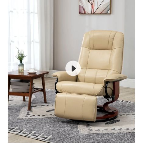 Fauteuil inclinable pivotant 360° avec repose-jambes, en similicuir blanc crème, piètement bois, pour salon TV