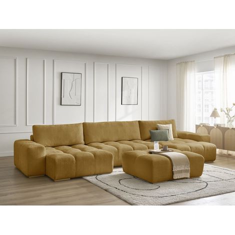 BOBOCHIC - Canapé panoramique convertible coffre ANAKIN tissu texturé avec pouf   Jaune (1/5)