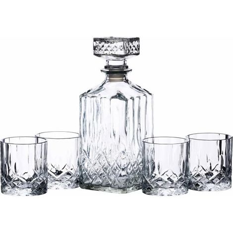 Set Cadeau Carafe À Whisky Et Verre, Set 5 Pièces En Verre Taillé, Carafe 900Ml Avec Bouchon En Silicone Et 4X Gobelets, 26 X 10 X 24 cm (1/4)