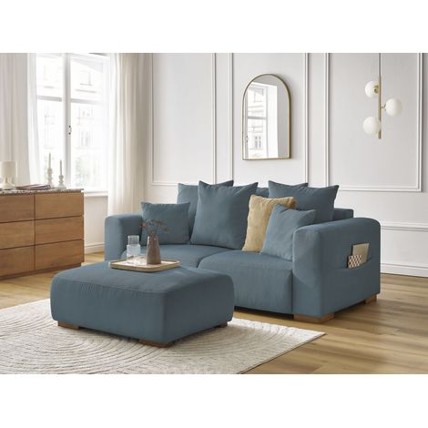 BOBOCHIC - Canapé droit fixe 2 places SIDONIE velours côtelé avec pouf   Bleu foncé (1/5)