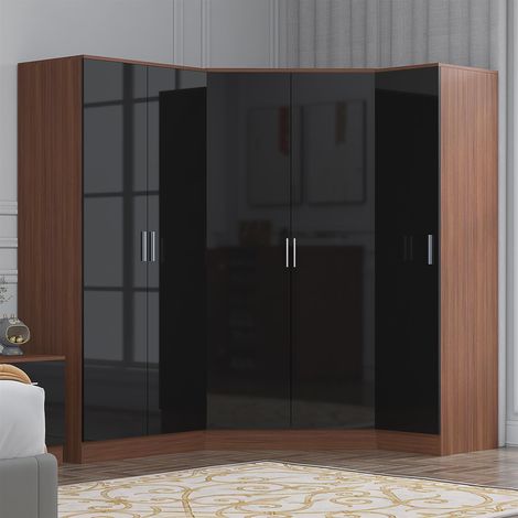 Reflect 3pc Wardrobe Bundle - 2 Door Corner + 2 Door Plain + 1 Door Plain - Black Gloss & Walnut (1/5)