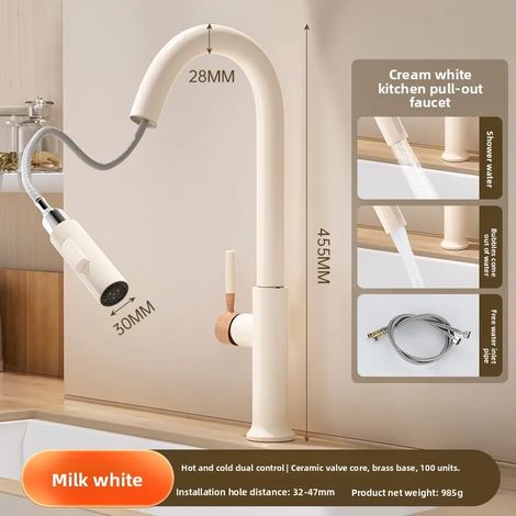 (A-G38) Robinet de cuisine en cuivre massif, extractible, couleur crème, avec douchette pour eau chaude et froide. Robinet télescopique pivotant pour évier de cuisine, compatible avec les éviers à lég (1/5)