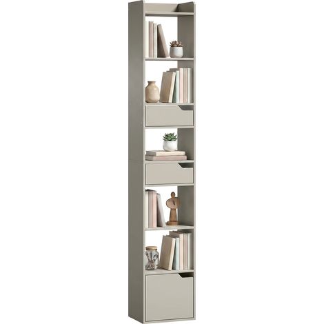 HOMCOM Bookcase Tall Narrow with 5 Tiers Drawers Grey