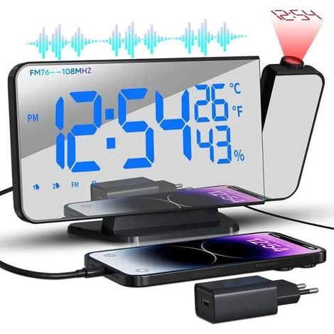 Radio-réveil Projecteur 180° - Réveil numérique Miroir LED avec FM - 2 Alarmes Snooze Charge USB Reveil Numérique LED Écran Miroir (1/5)