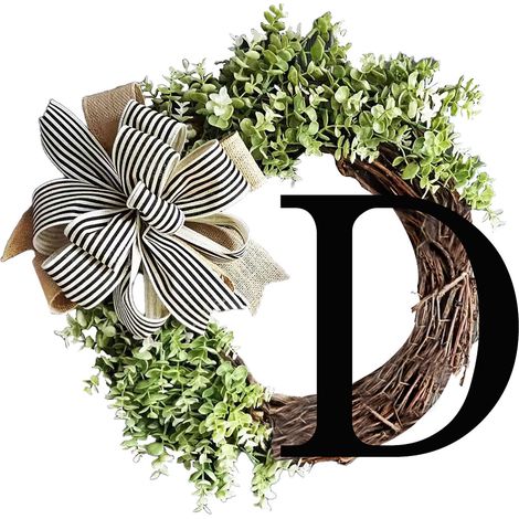 Couronne de Porte avec Lettre D Bois pour Décoration Extérieure Cour Verte et Bow, Wreath Lettre Vintage Grapevine 36cm (1/5)