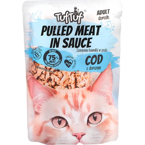 Morceaux de viande séchée TufTuf en sauce, pâtée pour chat au cabillaud, sachet de 100 g (1/3)