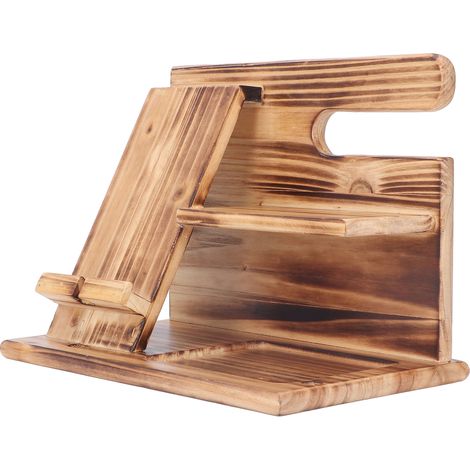Soporte de Teléfono Madera Maciza Estilo Vintage, Acabado Pulido 26x18.5cm – Ideal para Escritorio y Salón (1/5)