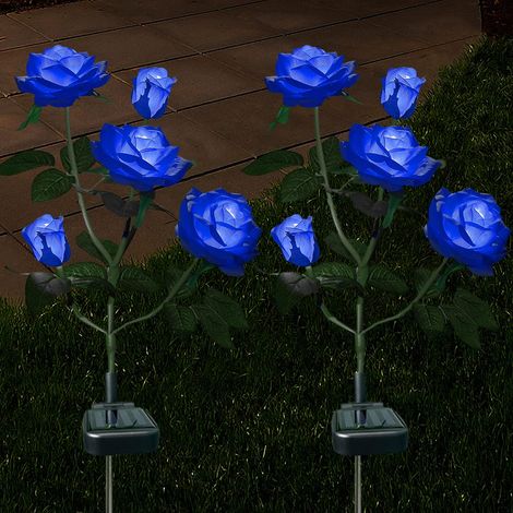 Lot de 2 lampes solaires d'extérieur en forme de roses décoratives pour jardin, cour, patio, allée, imperméable - Bleu (1/5)