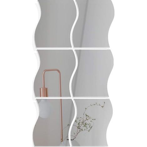 6 silberne Wandaufkleber mit Spiegelmotiv, Wellenform, selbstklebend, DIY-Wandtattoo, stilvoller Spiegel für Zuhause, Büro oder Schlafzimmer – 14 x 19 cm (1/5)
