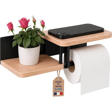 Wall Mounted Toilet Paper Holder in Oak Wood and Stainless Steel  Toilet Roll Holder with Shelves (1/4)