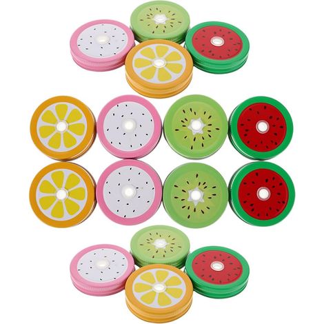 Lot de 16 couvercles pour bocaux Mason, avec trou pour paille, motif fruits, ouverture standard, en fer-blanc (1/5)