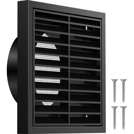 Grille d'aération rectangulaire - 100 mm - Avec moustiquaire intégrée - En ABS - Pour salle de bain, garage, cuisine, hotte aspirante extérieure, sèche-linge, grenier - Noir (1/5)
