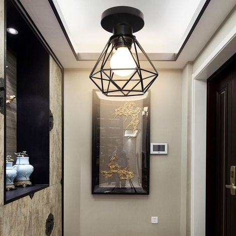 Plafonnier Industrielle Vintage Lampe de Plafond en Cage Diamant Luminaire Suspension en Métal E27 pour Couloir Escalier Chambre Noir (1/5)