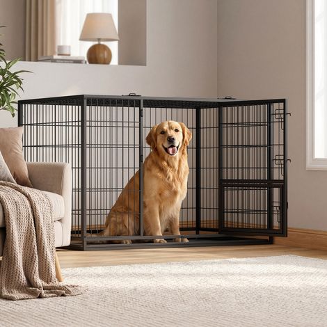 Cage pour Chien XXL Solide, Parc pour Chien avec Double Porte et Plateau, 122 x 74,5 x 80,5 cm, Noir (1/5)