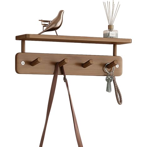 Étagère de Cintres Mural en Bois - Avec 4 Crochets - 40 cm de Long Marron- Stable et Solide - Design Pratique - Facile à Monter (1/5)