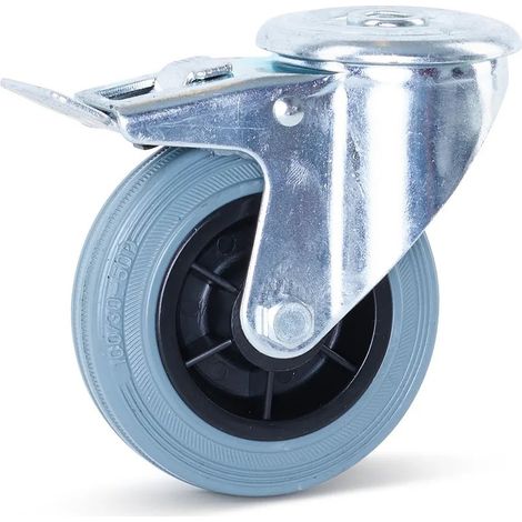 Roulette pivotante freinée - MESO - Caoutchouc gris - 100mm - Trou central - Sans trace - 75kg