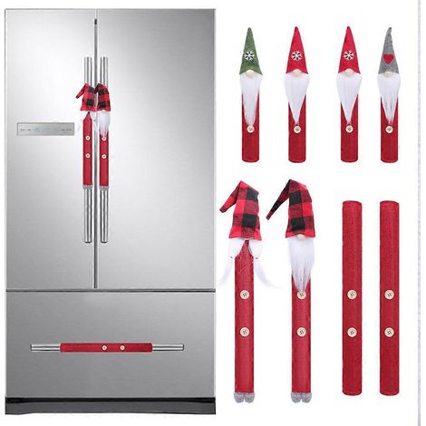 Lot de 8 protège-poignées de porte de réfrigérateur/four/micro-ondes/cuisine, motif gnome, nain, Père Noël et elfe, pour Noël. (1/4)