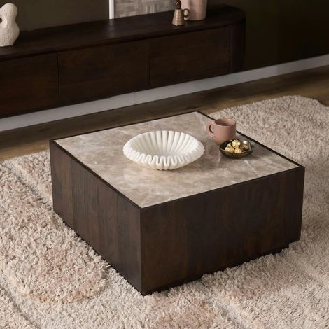Table basse carrée en marbre et bois brun DUOMO (1/5)
