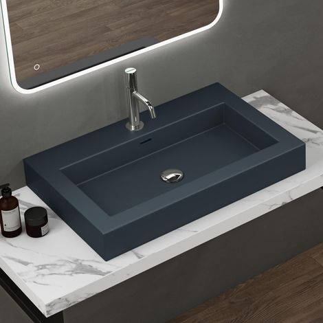 doporro Lavabo da Appoggio Rettangolare, Lavabo Bagno Sospeso con Foro Rubinetto e Troppopieno in Marmo Resina Antracite Opaco, Lavandino Bagno 73x48x10cm Colossum18