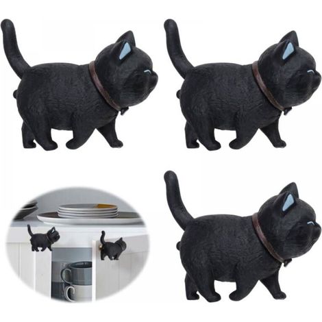 (3 Pcs) Black Cat Shape Soft Rubber PVC Door Knob Furniture Handle Rotatable Cat Head Suitable for Cabinets Drawers Children's Rooms (1/5)