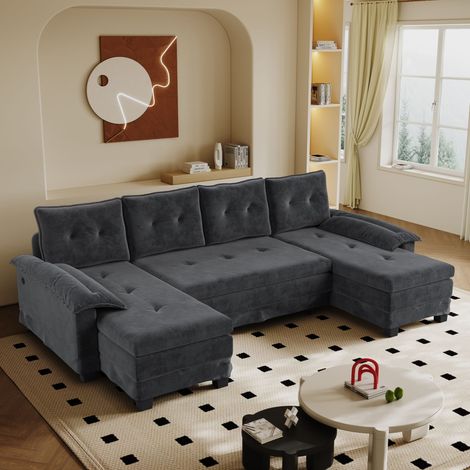 Canapé d'angle convertible 278 cm, canapé-lit escamotable avec chargeur USB, accoudoirs amovibles, design modulaire extra-large, canapé moderne pour salon, gris. (1/5)